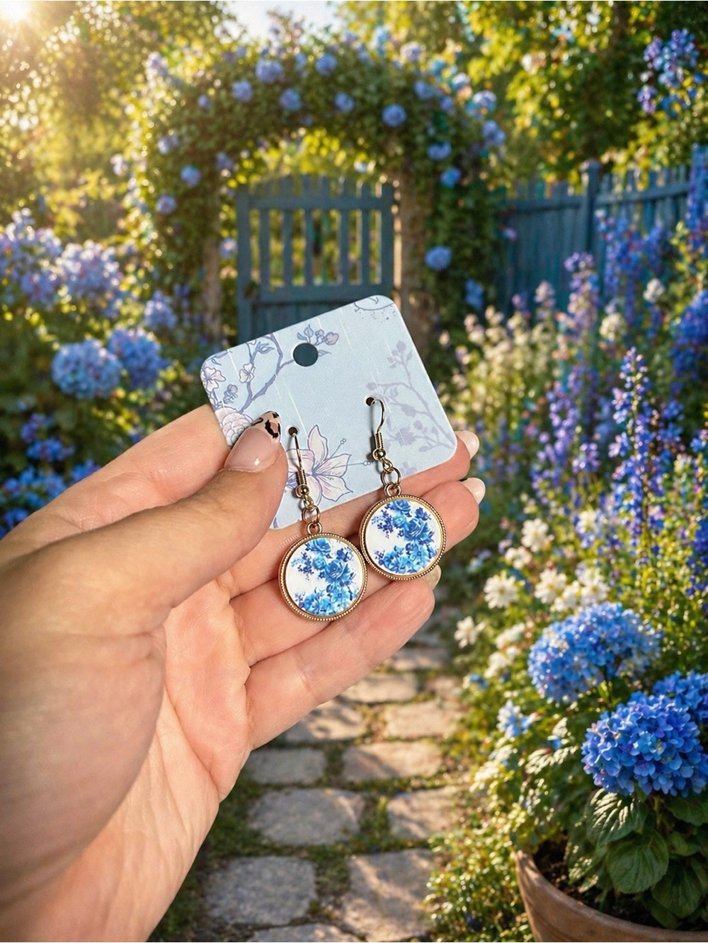 Gold Drop Earrings with Blue Floral Enamel